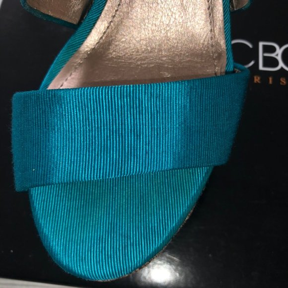 BCBG RANDO Platform Wedge Heel Sandal Teal Fabric Jute Trim Back Zip Sexy 8 - Picture 9 of 13